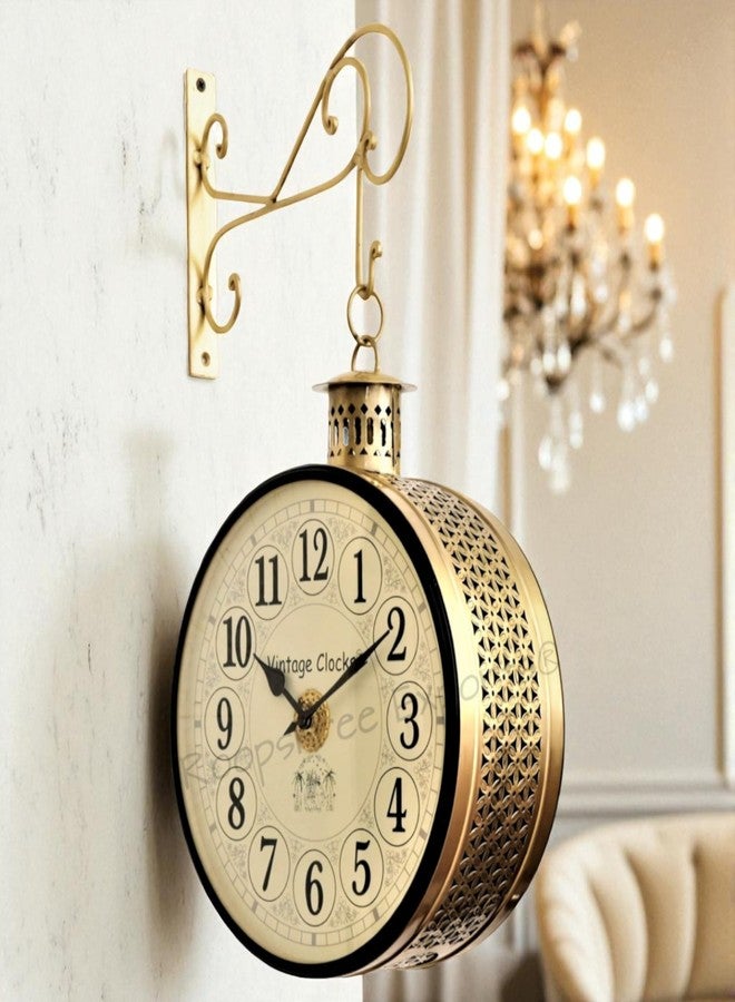 Vintage Clock Handcrafted Double Side Analog Clock With English Numbers 1 Year Warranty (10 Inches Size, Brass Finish, Totem Jali Design) - Image 3